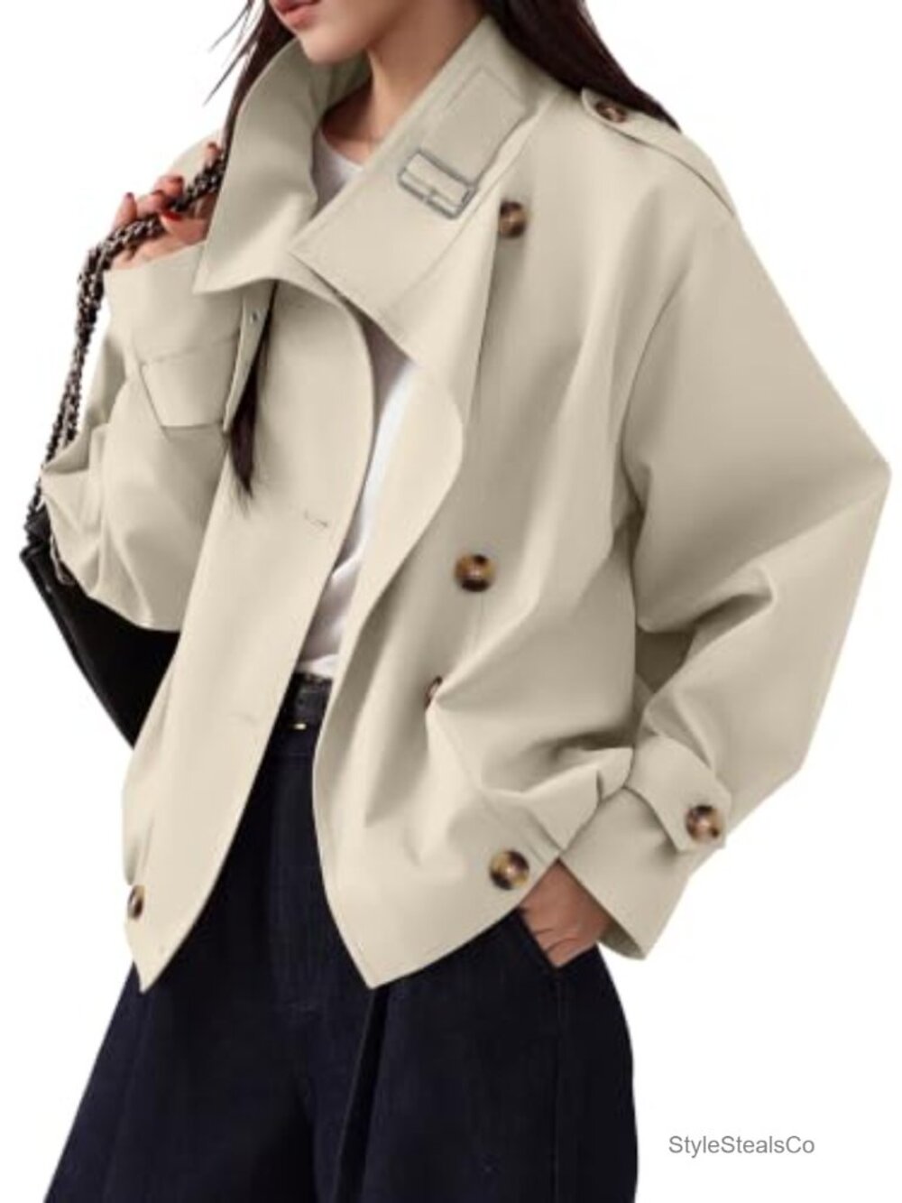 Cropped Trench Coat Vintage Button Jacket with Pockets